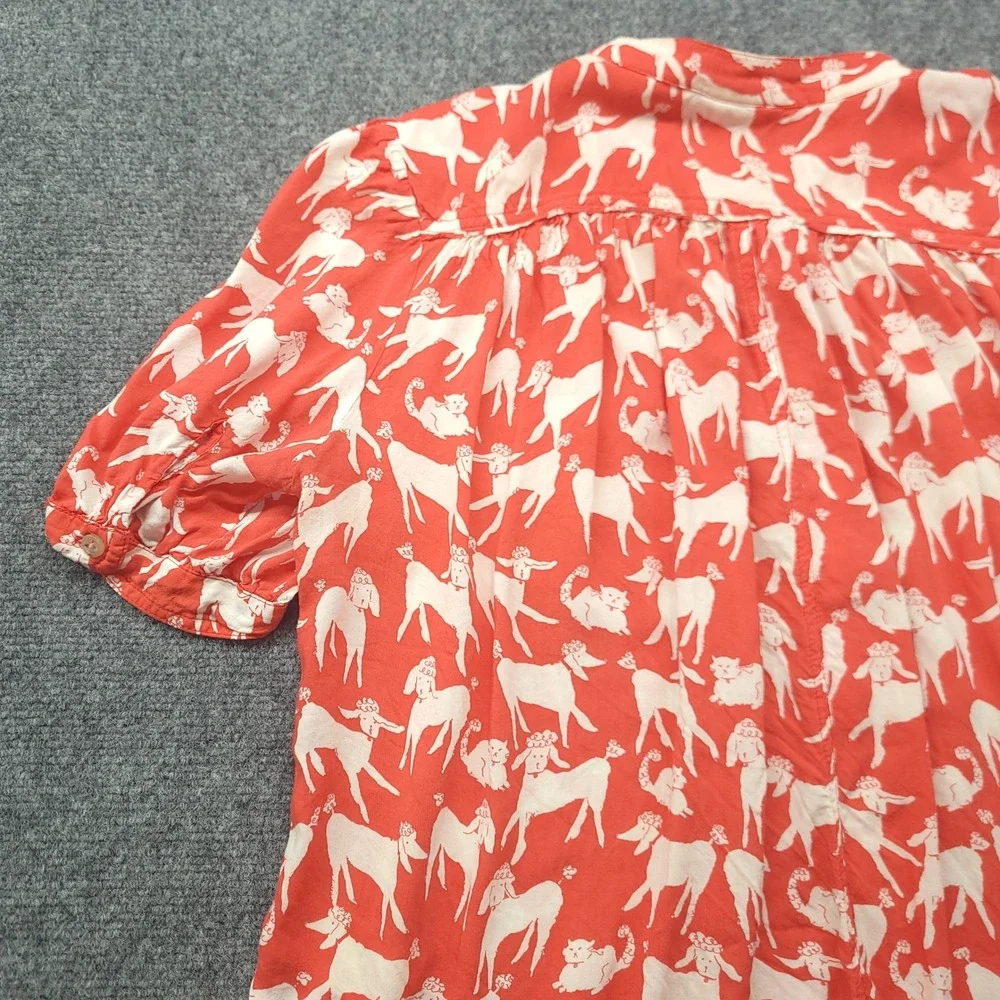 Anthropologie Emily Isabella Poodle Print Blouse Red White Short Sleeve M